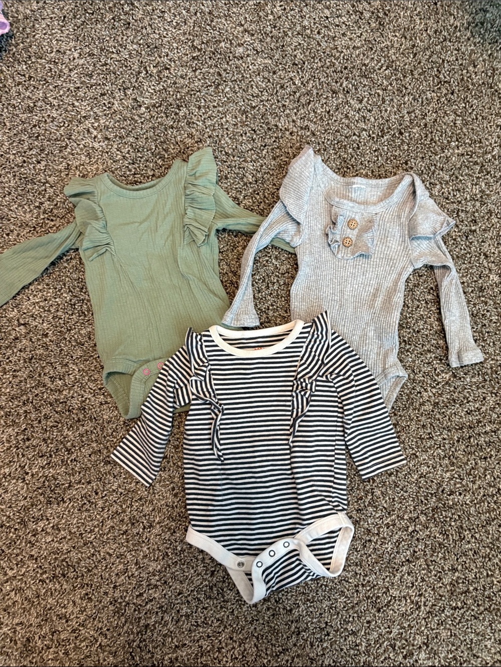 Cat & Jack Long-Sleeve Ruffle One-Piece Set in Sage, Light Gray, and Navy Stripe